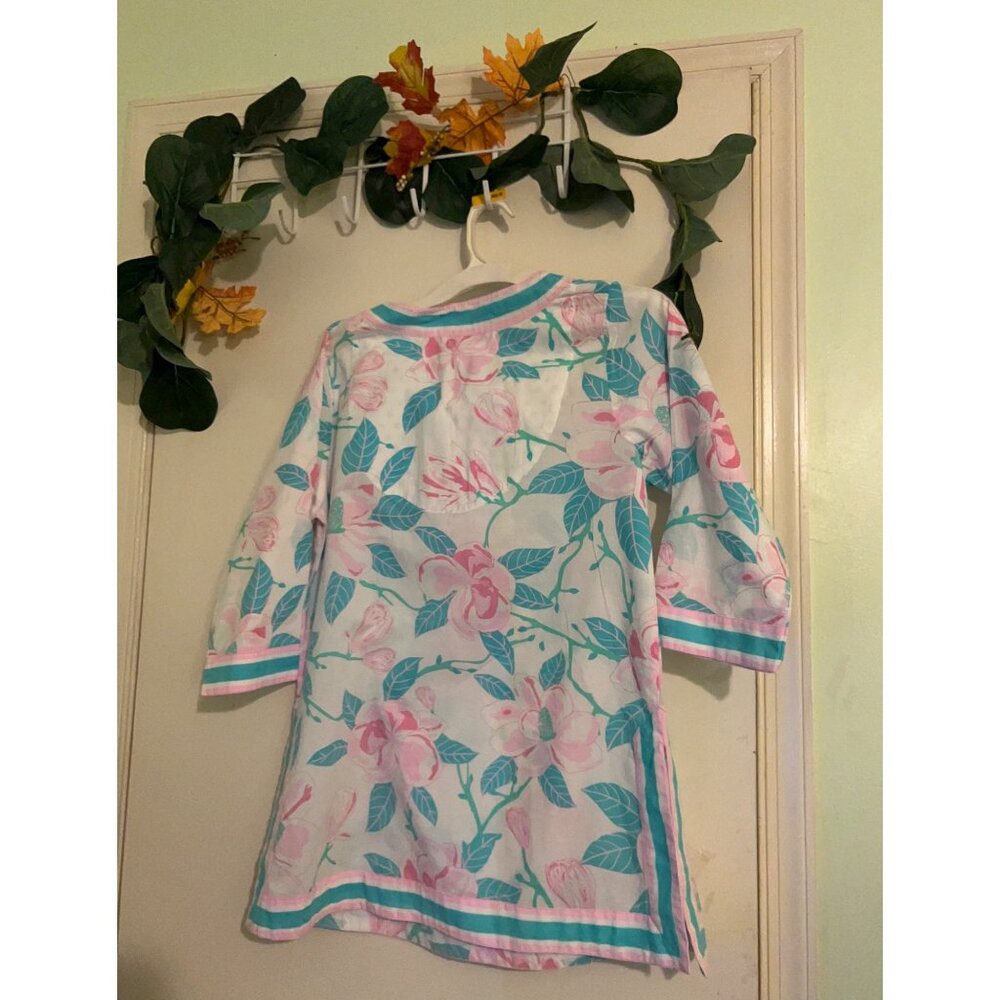 Gretchen Scott Women’s SZ M Tunic Top Pink Green Floral V Neck 3/4 Sleeve Cotton - Picture 2 of 12